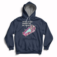 Navy skeleton cartoon graphic hoodie with front pocket and pullover hood.
