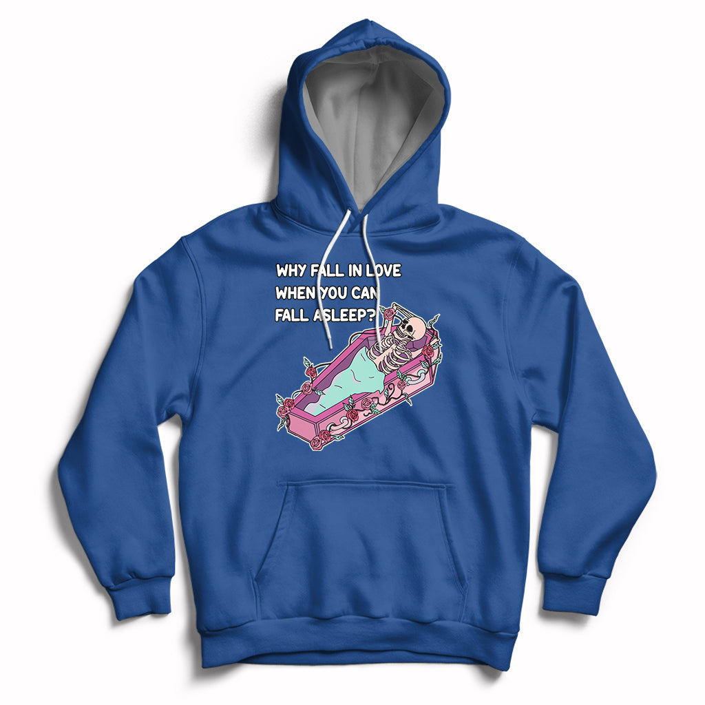 Royal blue skeleton cartoon graphic hoodie with front pocket and pullover hood.