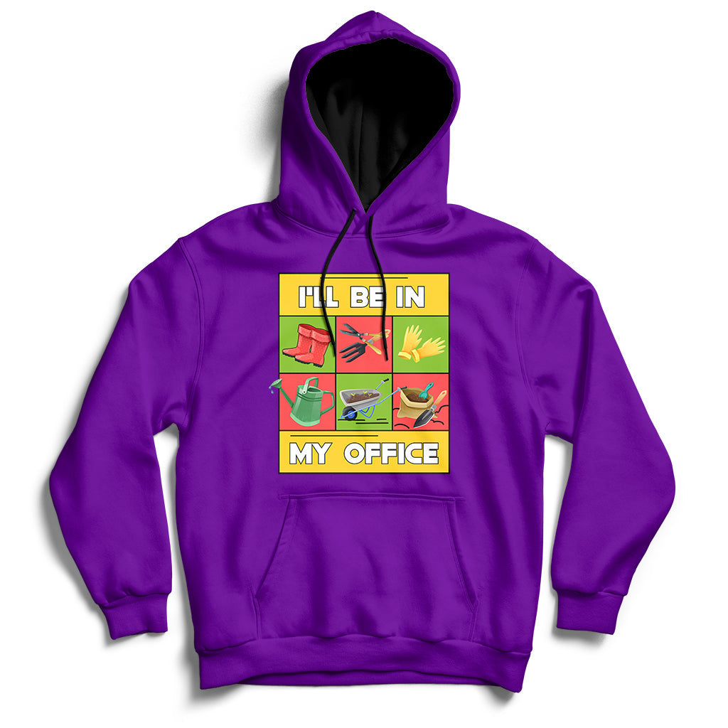 Purple garden hoodie with hood, pouch pocket, and 'I'll Be In My Office' front graphic
