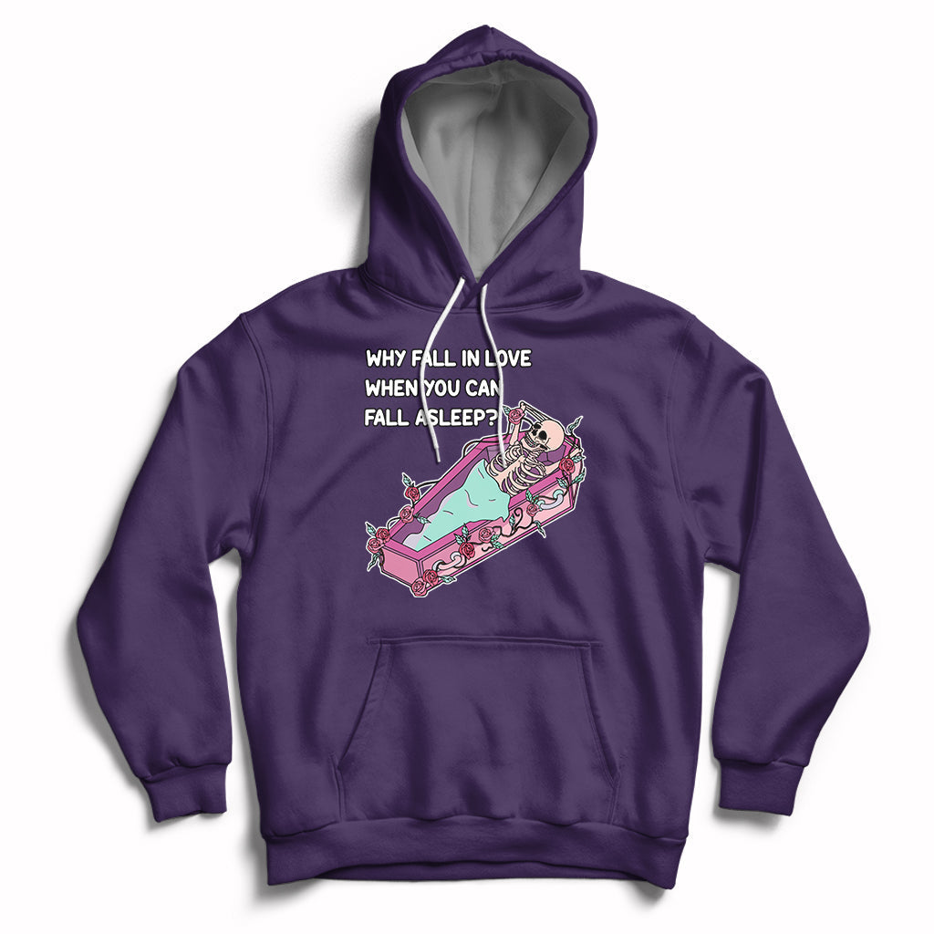 Purple skeleton cartoon graphic hoodie with front pocket and pullover hood.