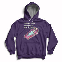 Purple skeleton cartoon graphic hoodie with front pocket and pullover hood.