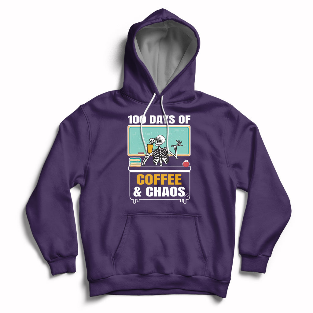 100 Days Of Coffee And Chaos 100th Day Teacher Skeleton Hoodie - Wonder Print Shop