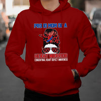 Red hoodie with “Heart Warrior” heart-defect awareness graphic on the chest