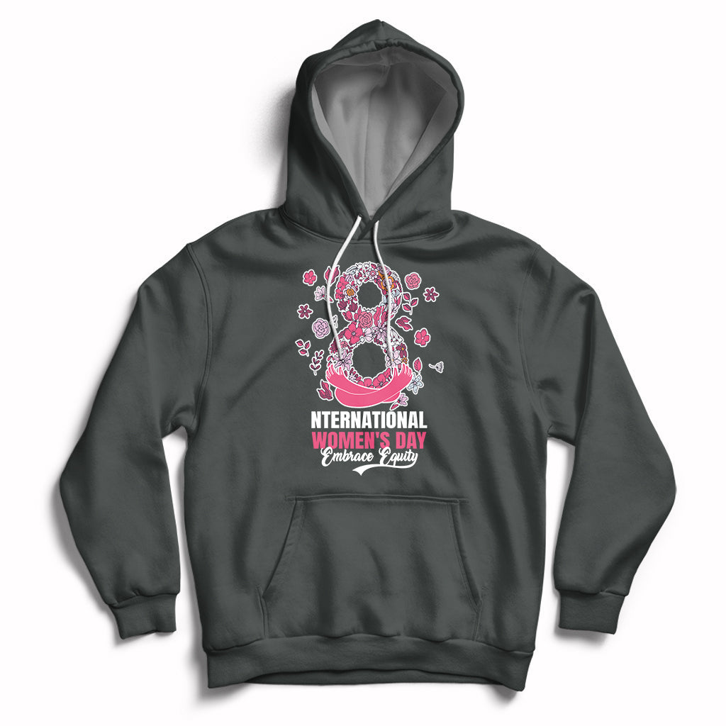 Women’s dark gray hoodie with front kangaroo pocket, drawstring hood, and pink Women’s Day graphic