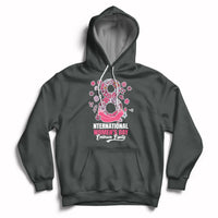 Women’s dark gray hoodie with front kangaroo pocket, drawstring hood, and pink Women’s Day graphic