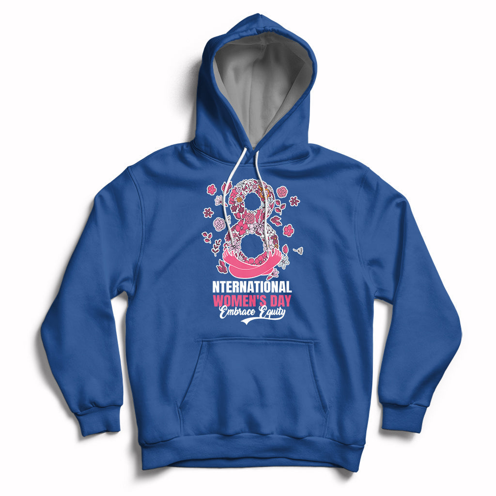 Women’s royal blue hoodie with front kangaroo pocket, drawstring hood, and pink Women’s Day graphic