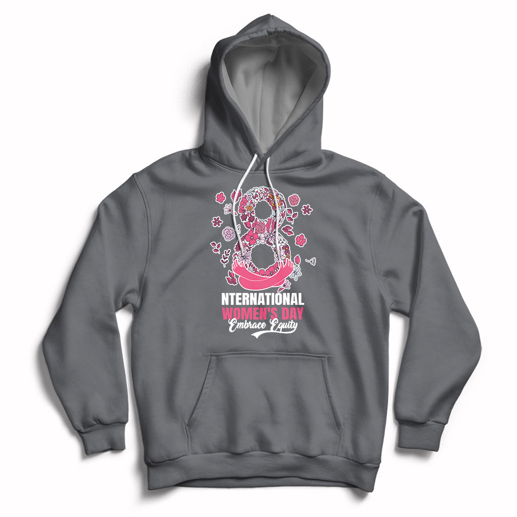 Women’s charcoal hoodie with front kangaroo pocket, drawstring hood, and pink Women’s Day graphic