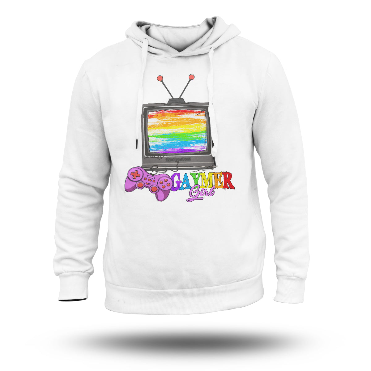 White pullover hoodie with rainbow gaming controller graphic on the chest