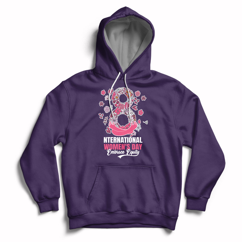 Women’s purple hoodie with front kangaroo pocket, drawstring hood, and pink Women’s Day graphic