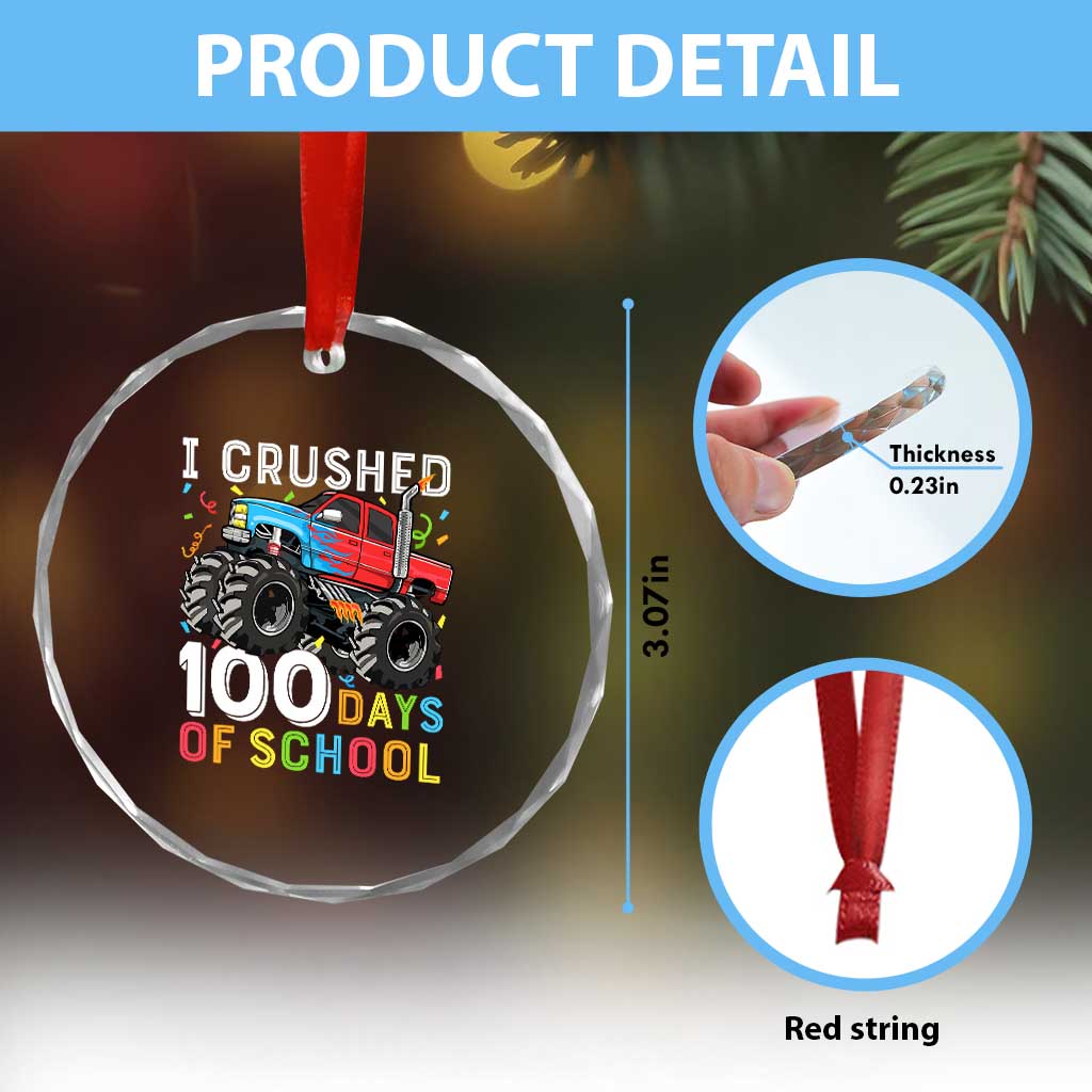 100 Days of School Monster Truck Crystal Glass Ornament Boys Crushing 100th Day Milestone