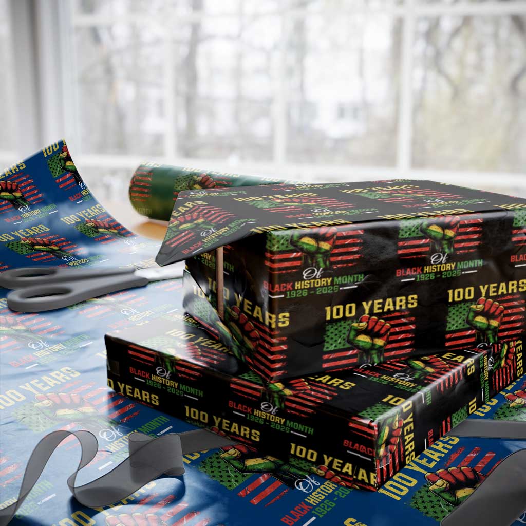 100 Years Of Black History Month Wrapping Paper Roll Hand Fist African American Milestone American Flag