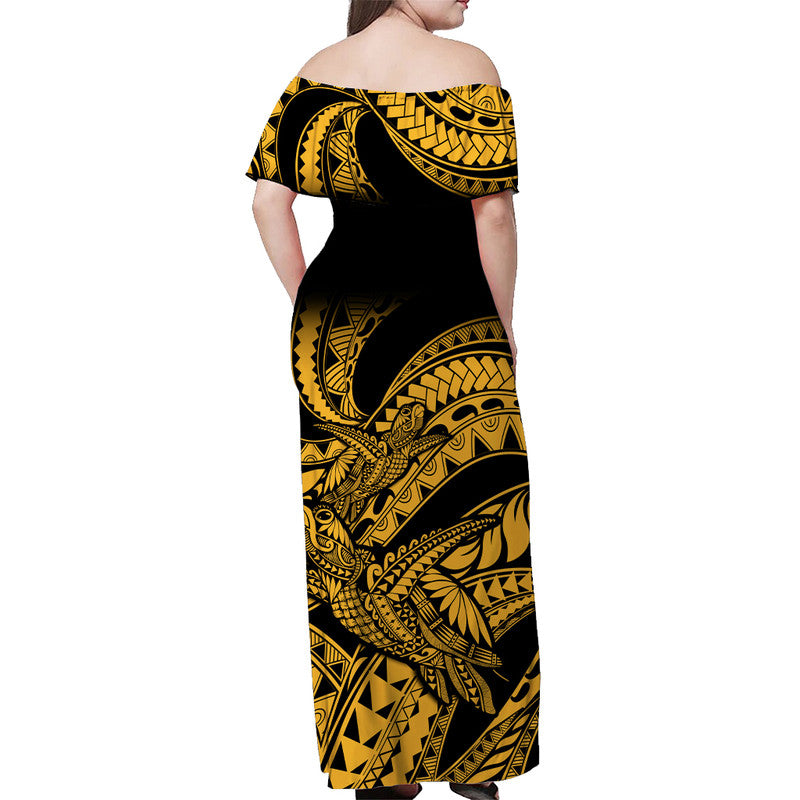 Matching Outfits For Couples Polynesian Combo Dress And Hawaiian Shirt Tribal Mix Turtle Gold Version - Wonder Print Shop