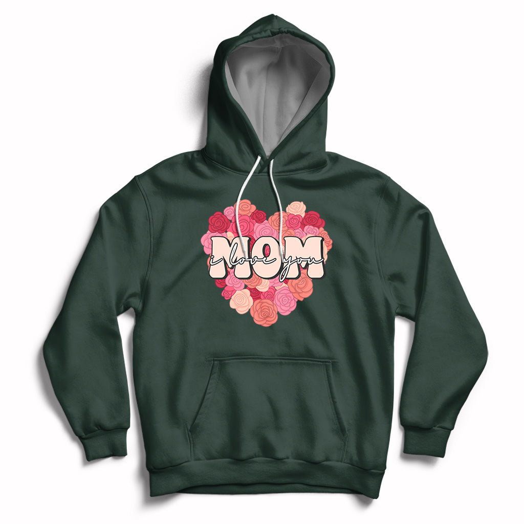 Matching mother hoodie in forest green with pink floral “Mom” graphic, front pouch, drawstring hood