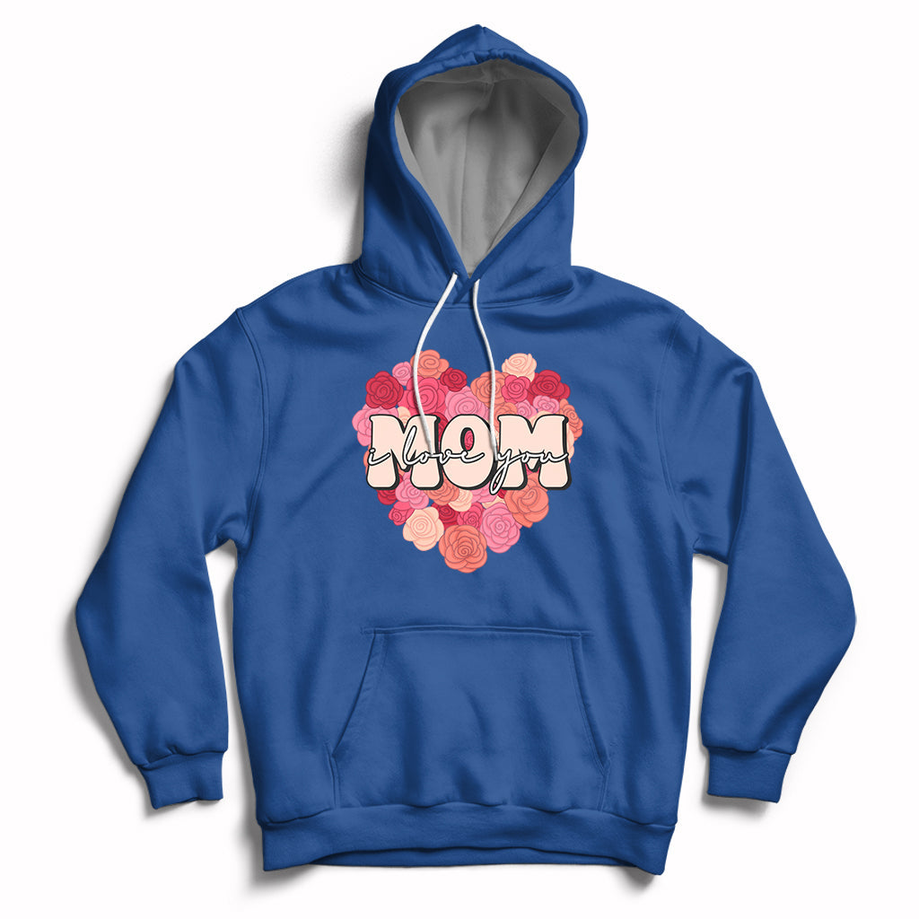 Matching mother hoodie in royal blue with pink floral “Mom” graphic, front pouch, drawstring hood