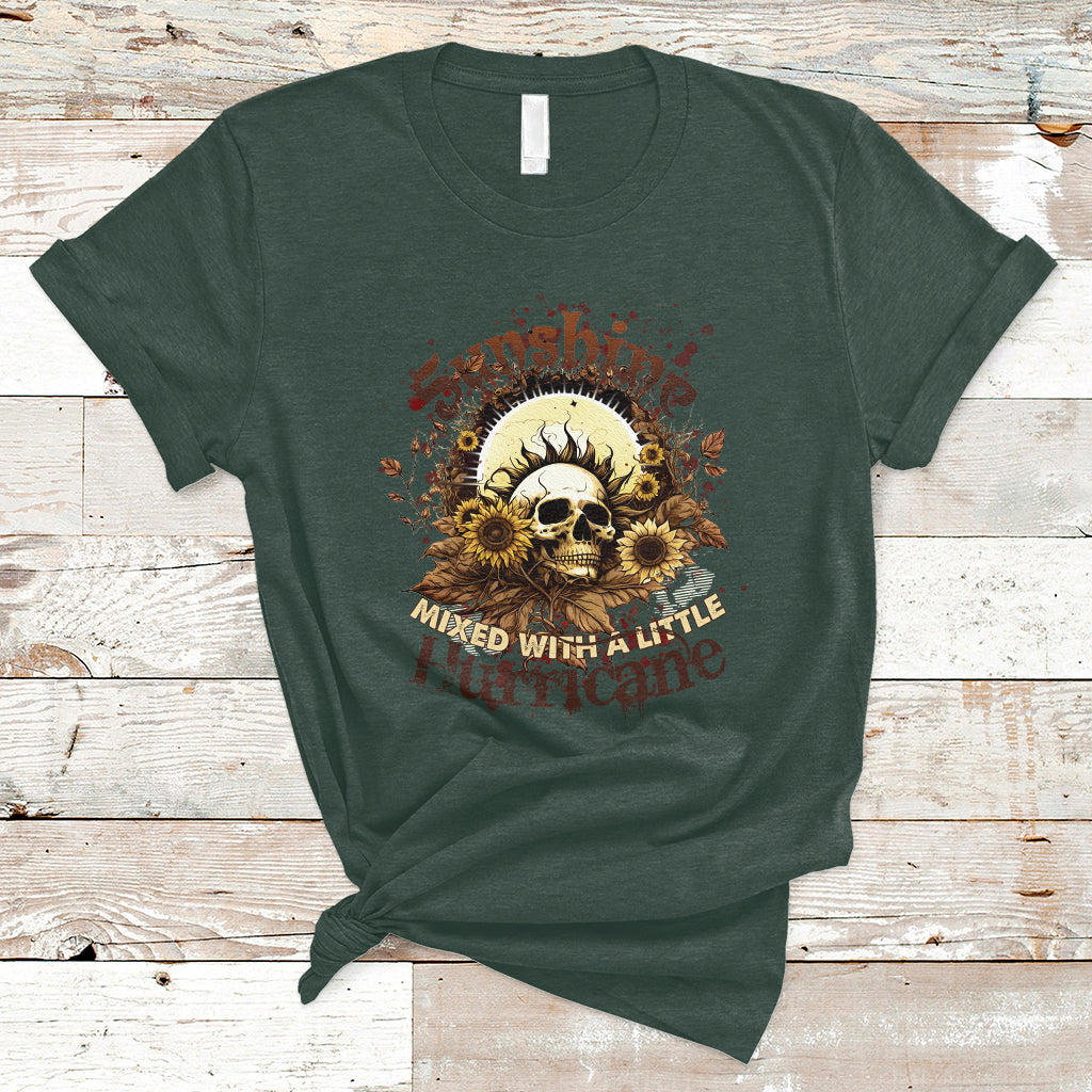 Sunshine Mixed With A Little Hurricane Floral Sunflower Skull Funny T-Shirt - Wonder Print Shop