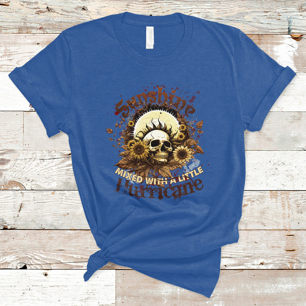 Sunshine Mixed With A Little Hurricane Floral Sunflower Skull Funny T-Shirt - Wonder Print Shop