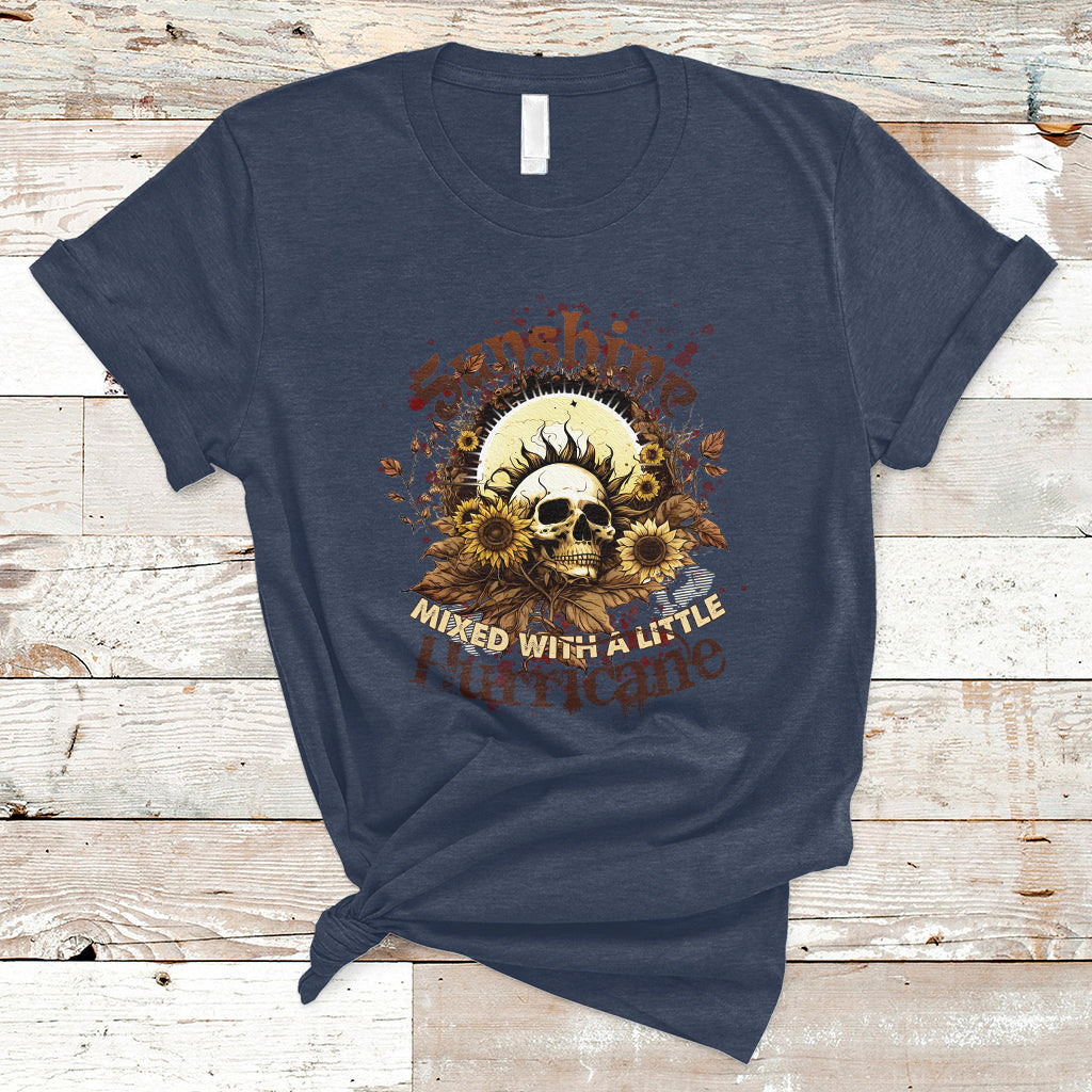 Sunshine Mixed With A Little Hurricane Floral Sunflower Skull Funny T-Shirt - Wonder Print Shop
