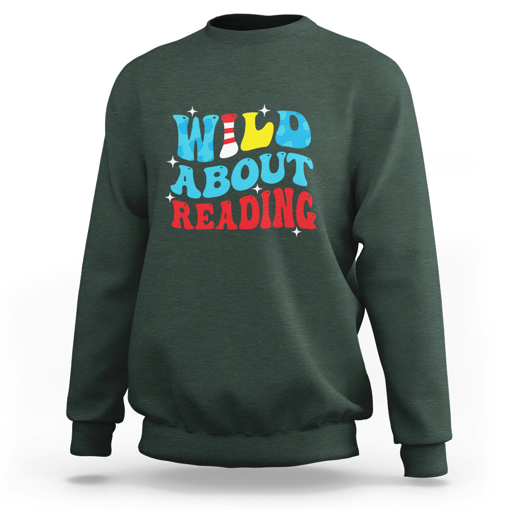 Forest green reading sweatshirt with 'WILD ABOUT READING' front graphic