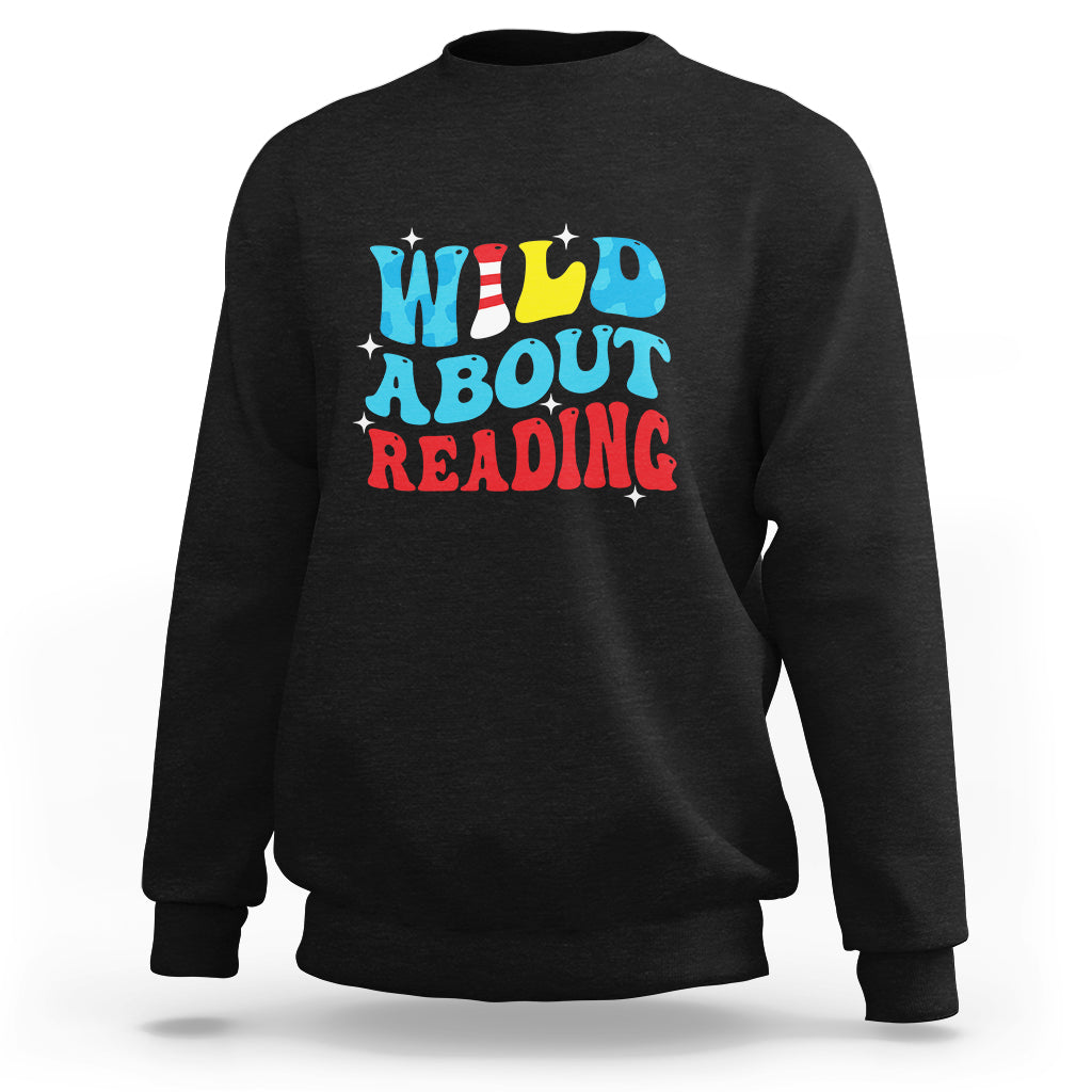 Charcoal reading sweatshirt with 'WILD ABOUT READING' front graphic