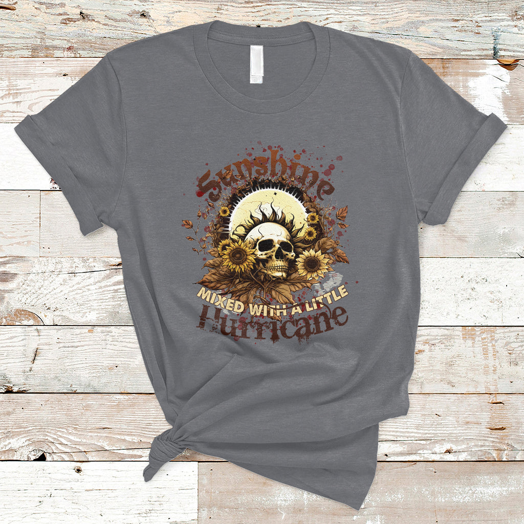 Sunshine Mixed With A Little Hurricane Floral Sunflower Skull Funny T-Shirt - Wonder Print Shop