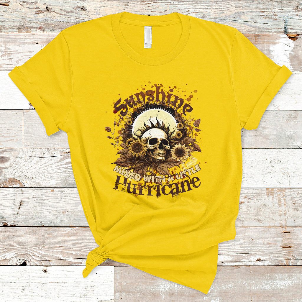Sunshine Mixed With A Little Hurricane Floral Sunflower Skull Funny T-Shirt - Wonder Print Shop