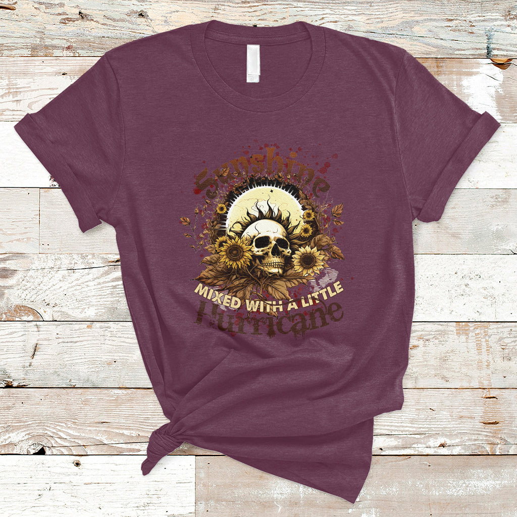 Sunshine Mixed With A Little Hurricane Floral Sunflower Skull Funny T-Shirt - Wonder Print Shop