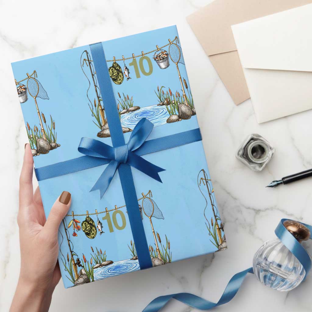 10th Birthday Fishing Wrapping Paper Roll Fisherman Birthday Party Gift