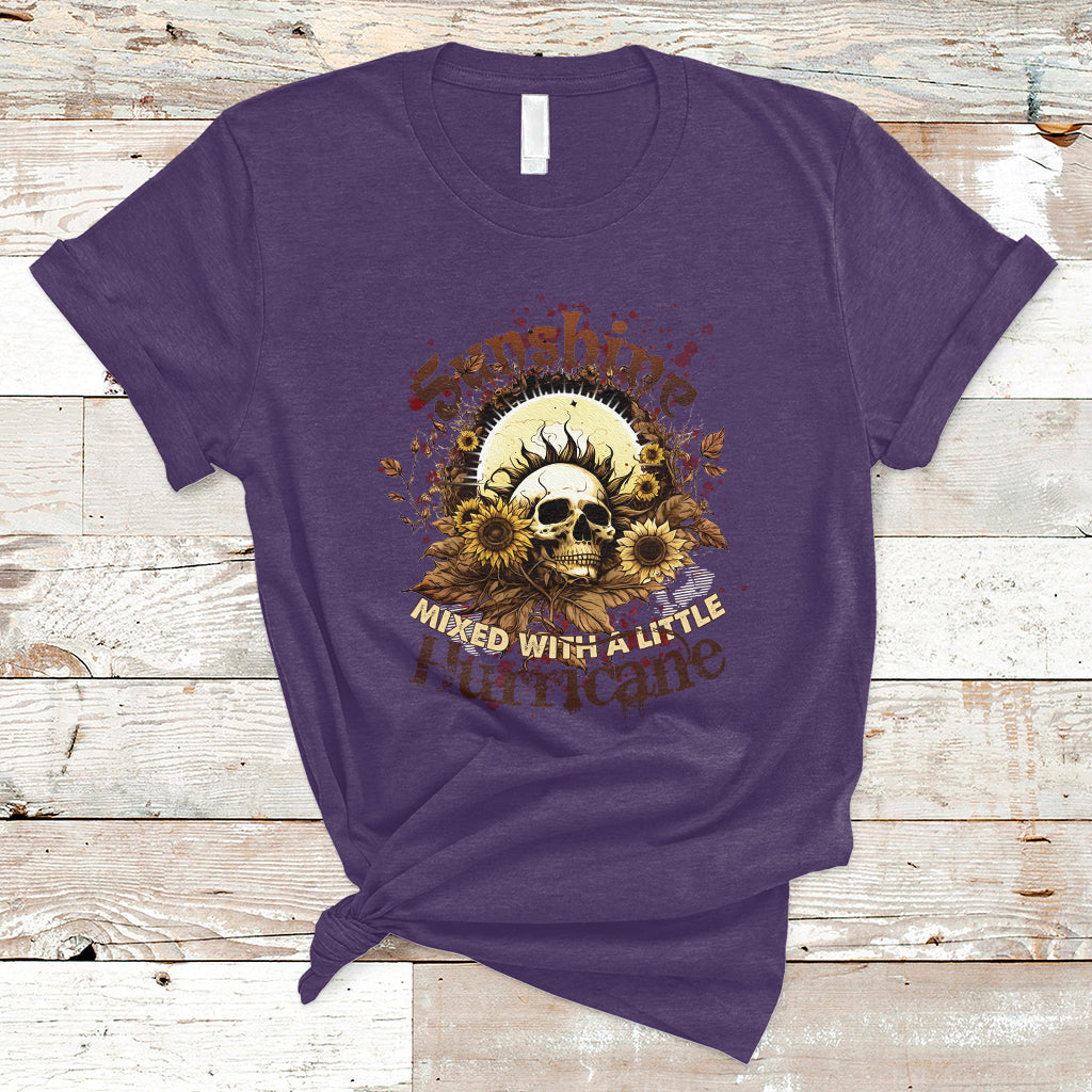 Sunshine Mixed With A Little Hurricane Floral Sunflower Skull Funny T-Shirt - Wonder Print Shop