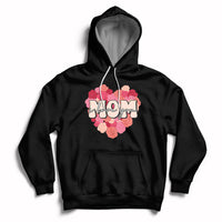 Matching mother hoodie in black with pink floral “Mom” graphic, front pouch, drawstring hood