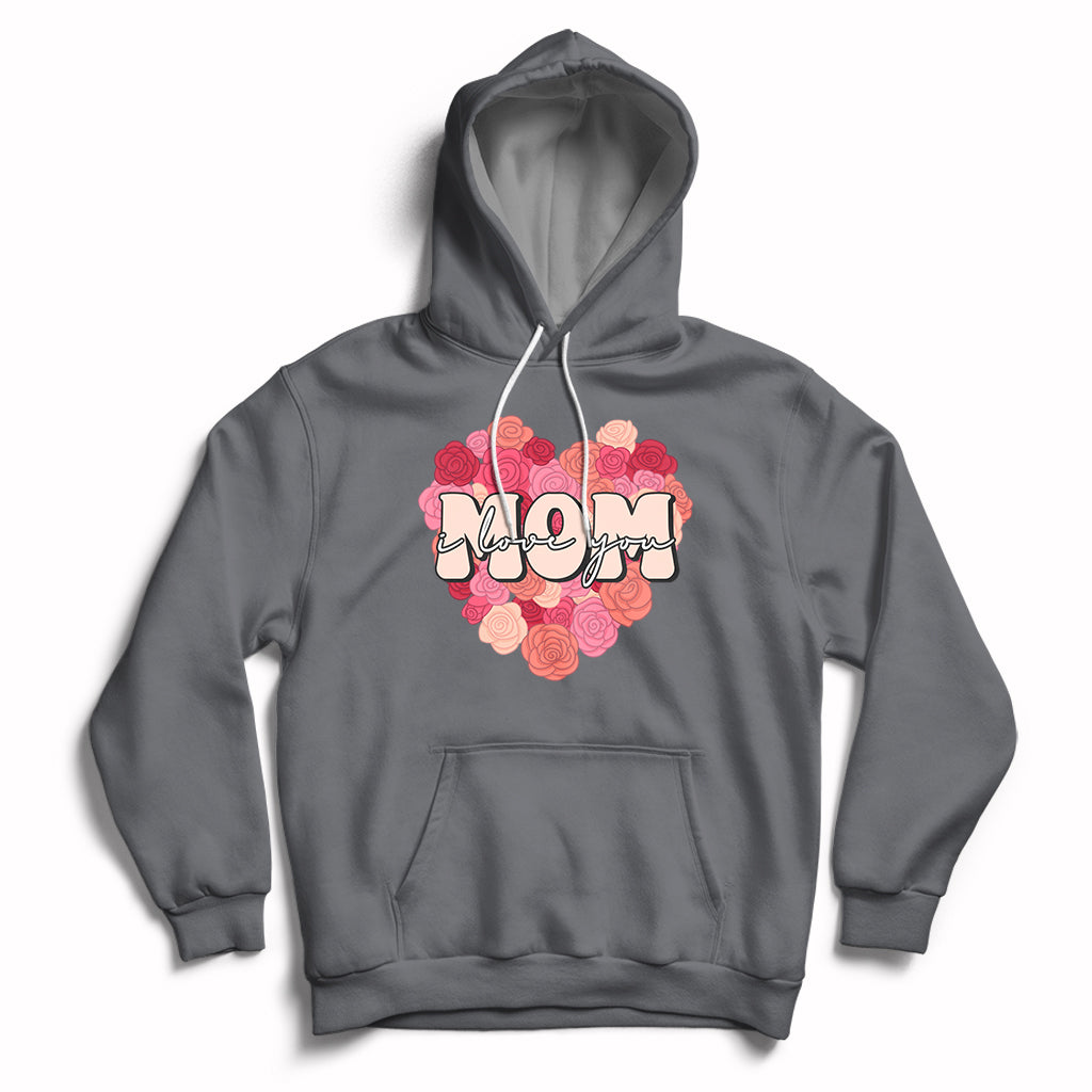 Matching mother hoodie in charcoal gray with pink floral “Mom” graphic, front pouch, drawstring hood