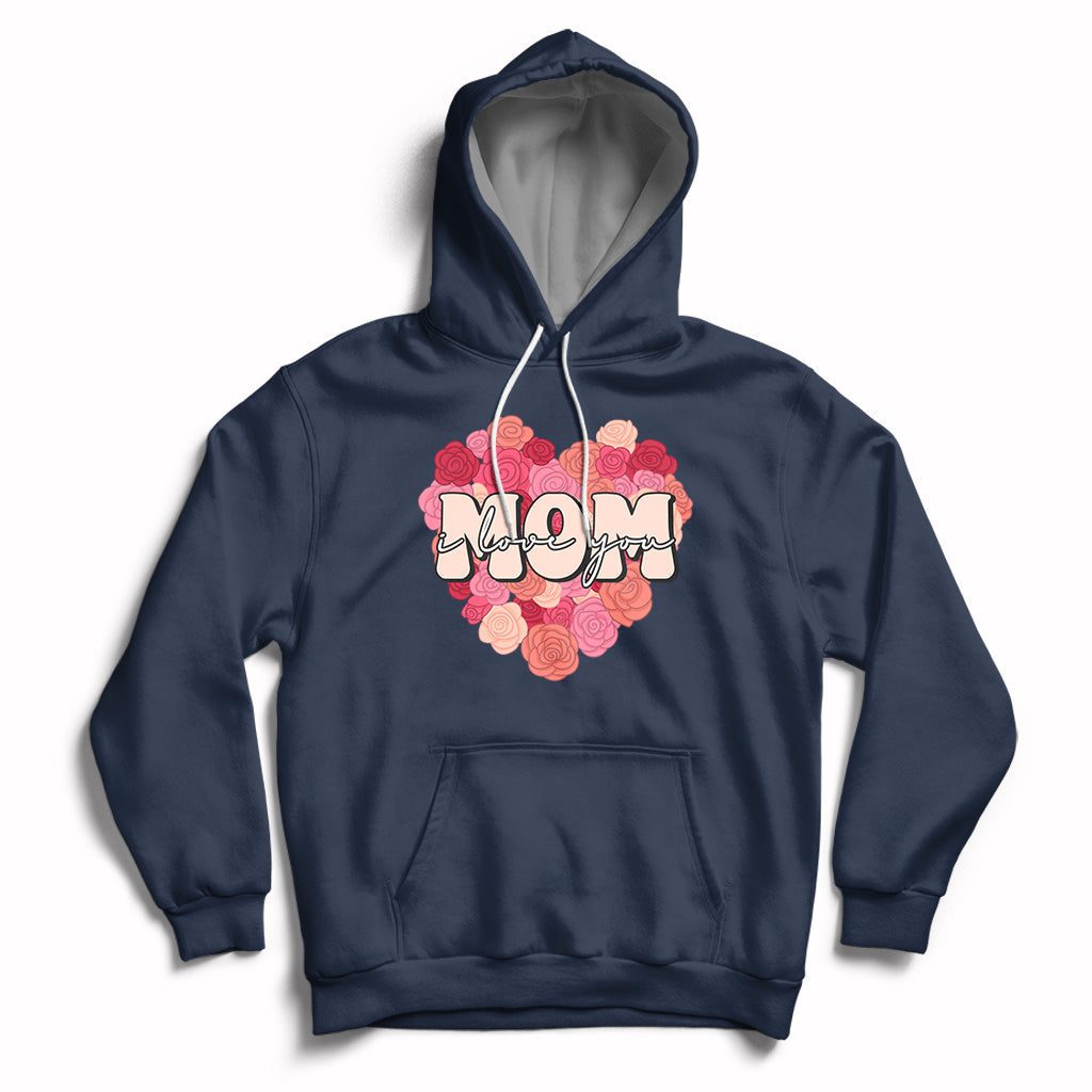 Matching mother hoodie in navy with pink floral “Mom” graphic, front pouch, drawstring hood