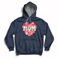 Matching mother hoodie in navy with pink floral “Mom” graphic, front pouch, drawstring hood