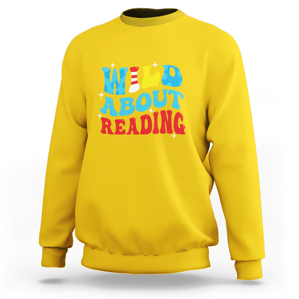 Yellow reading sweatshirt with 'WILD ABOUT READING' front graphic