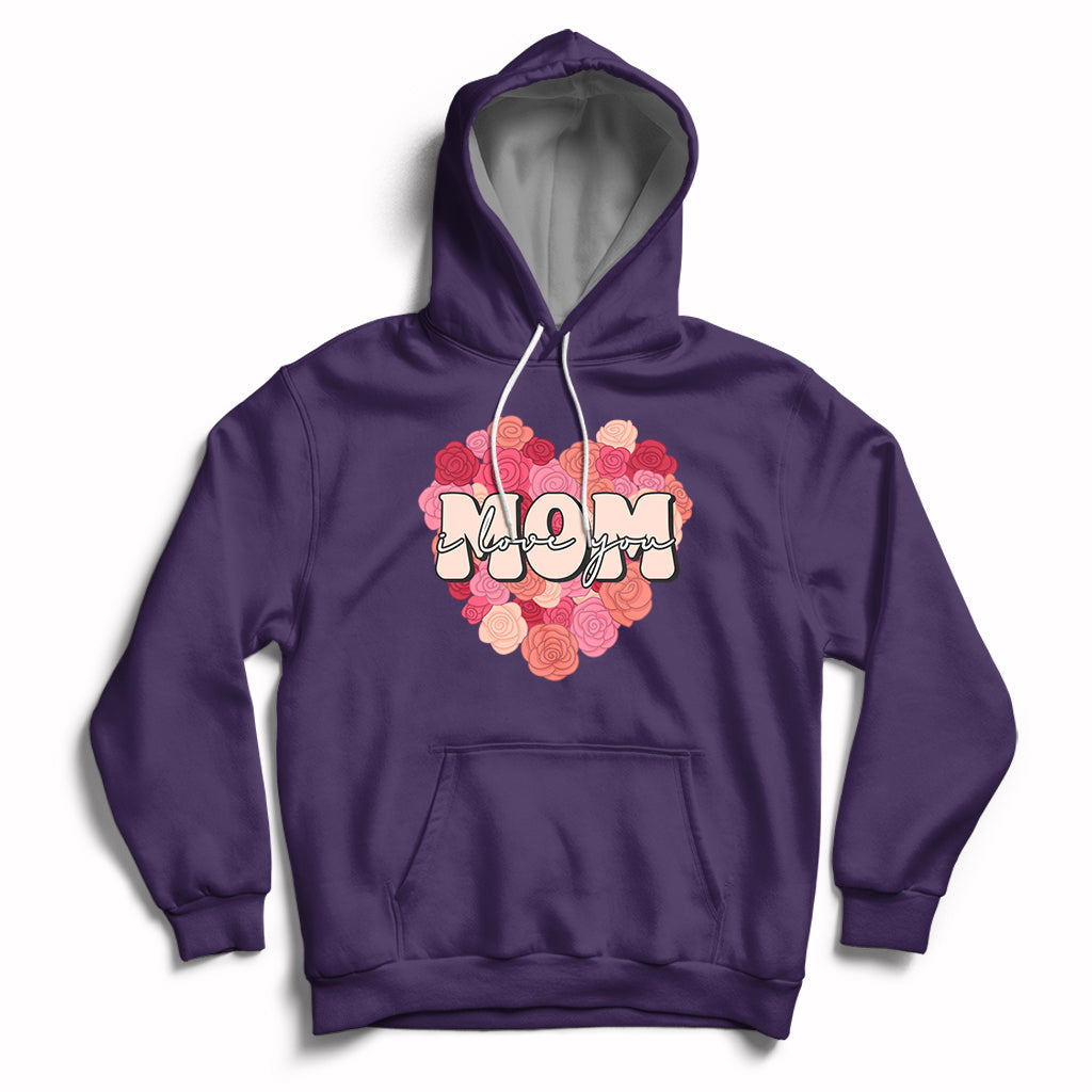 Matching mother hoodie in purple with pink floral “Mom” graphic, front pouch, drawstring hood