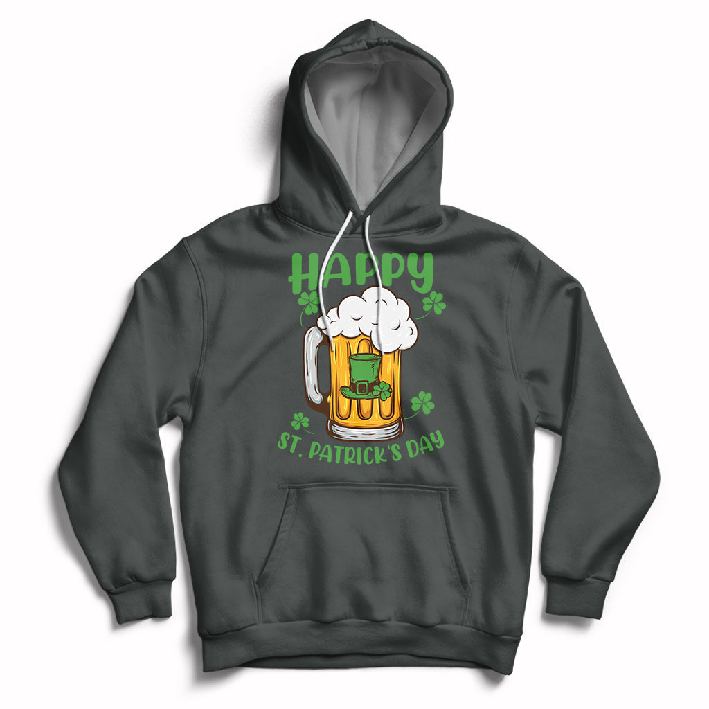 Dark gray St. Patrick's Day hoodie with beer mug and shamrock graphic, front pocket and hood
