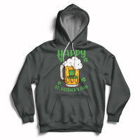 Dark gray St. Patrick's Day hoodie with beer mug and shamrock graphic, front pocket and hood