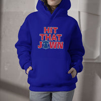 Blue hooded sweatshirt with front pocket and 'HIT THAT JAWN' graphic