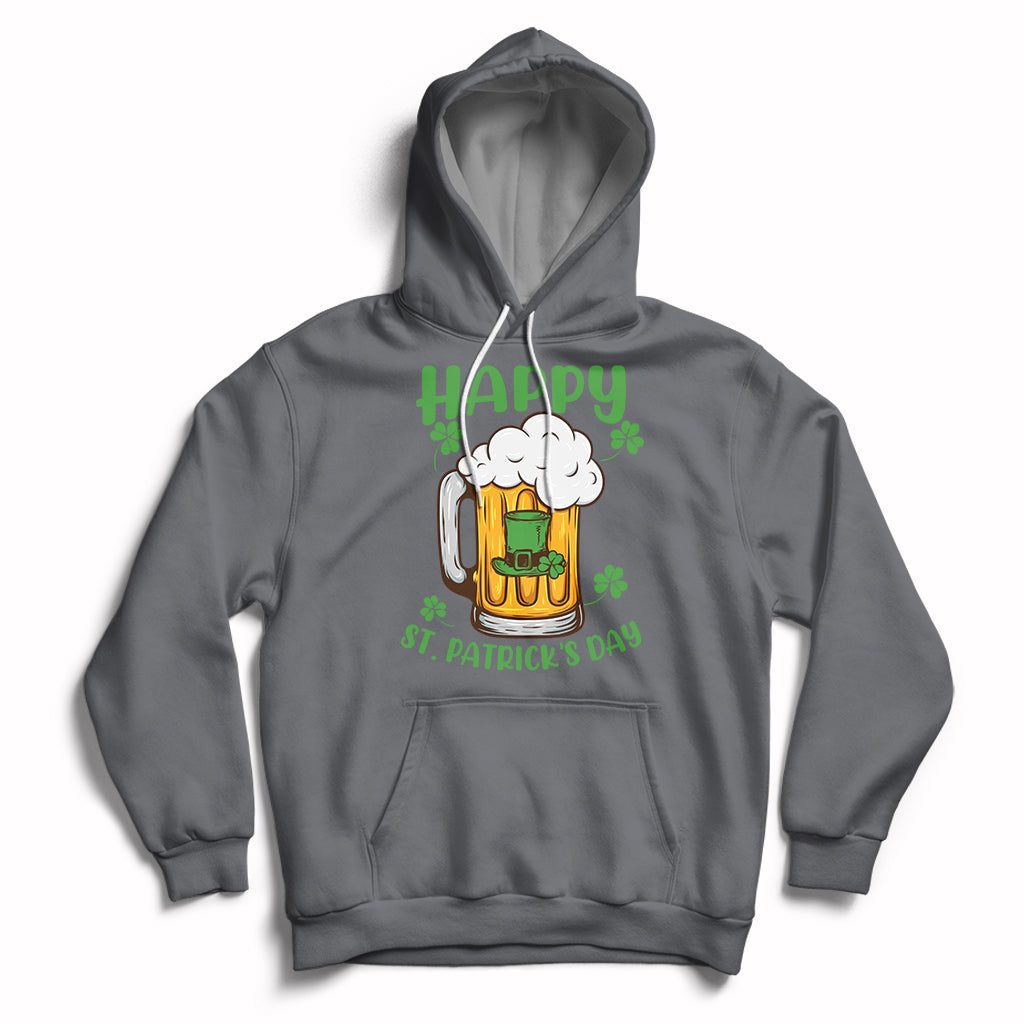 Charcoal gray St. Patrick's Day hoodie with beer mug and shamrock graphic, front pocket