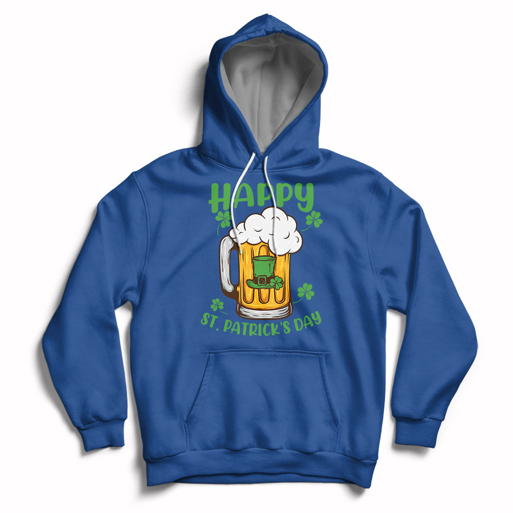 Royal blue St. Patrick's Day hoodie with beer mug and shamrock graphic, front pocket and hood