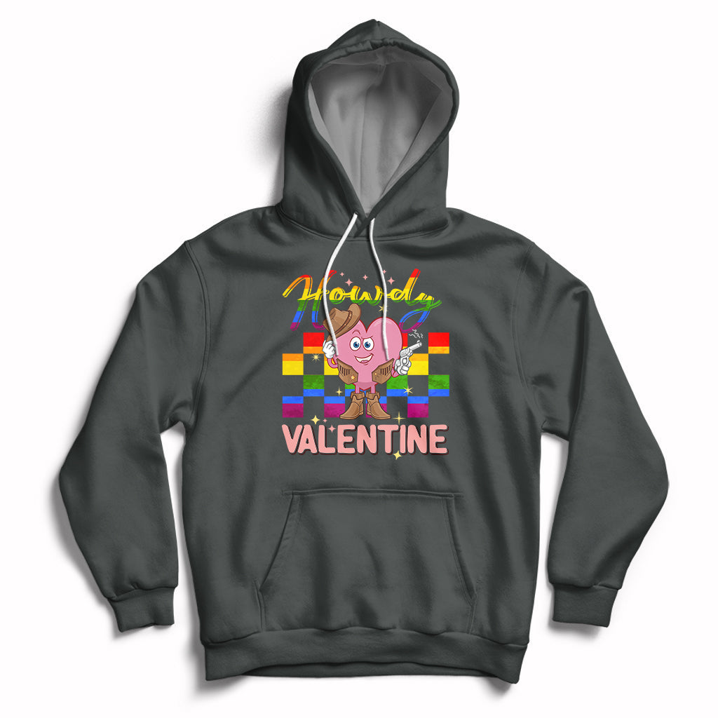 Dark heather hoodie with cowboy heart Valentine graphic and colorful Howdy text
