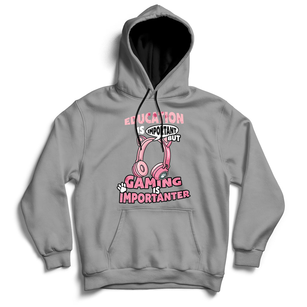 Light gray gamer hoodie with front pouch pocket and colorful “Gaming Importanter” graphic