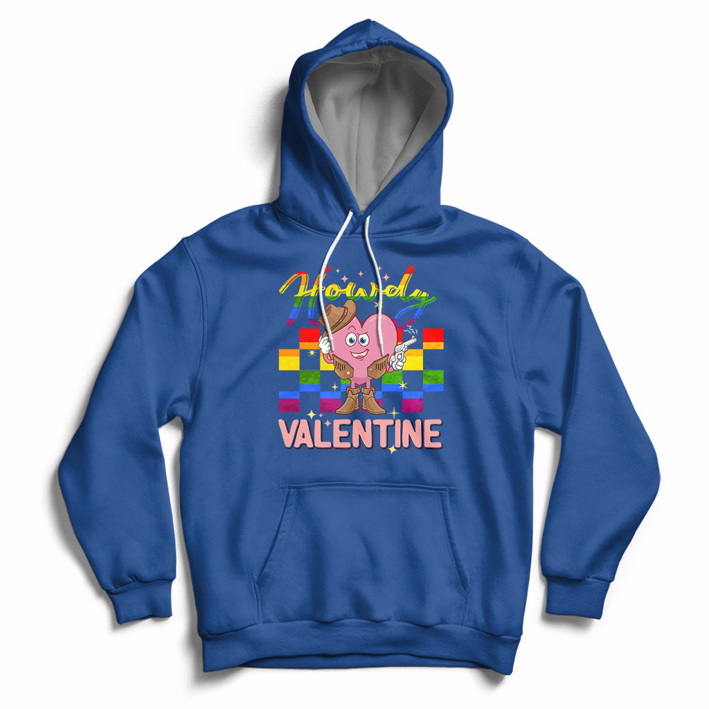Royal blue hoodie with cowboy heart Valentine graphic and colorful Howdy text