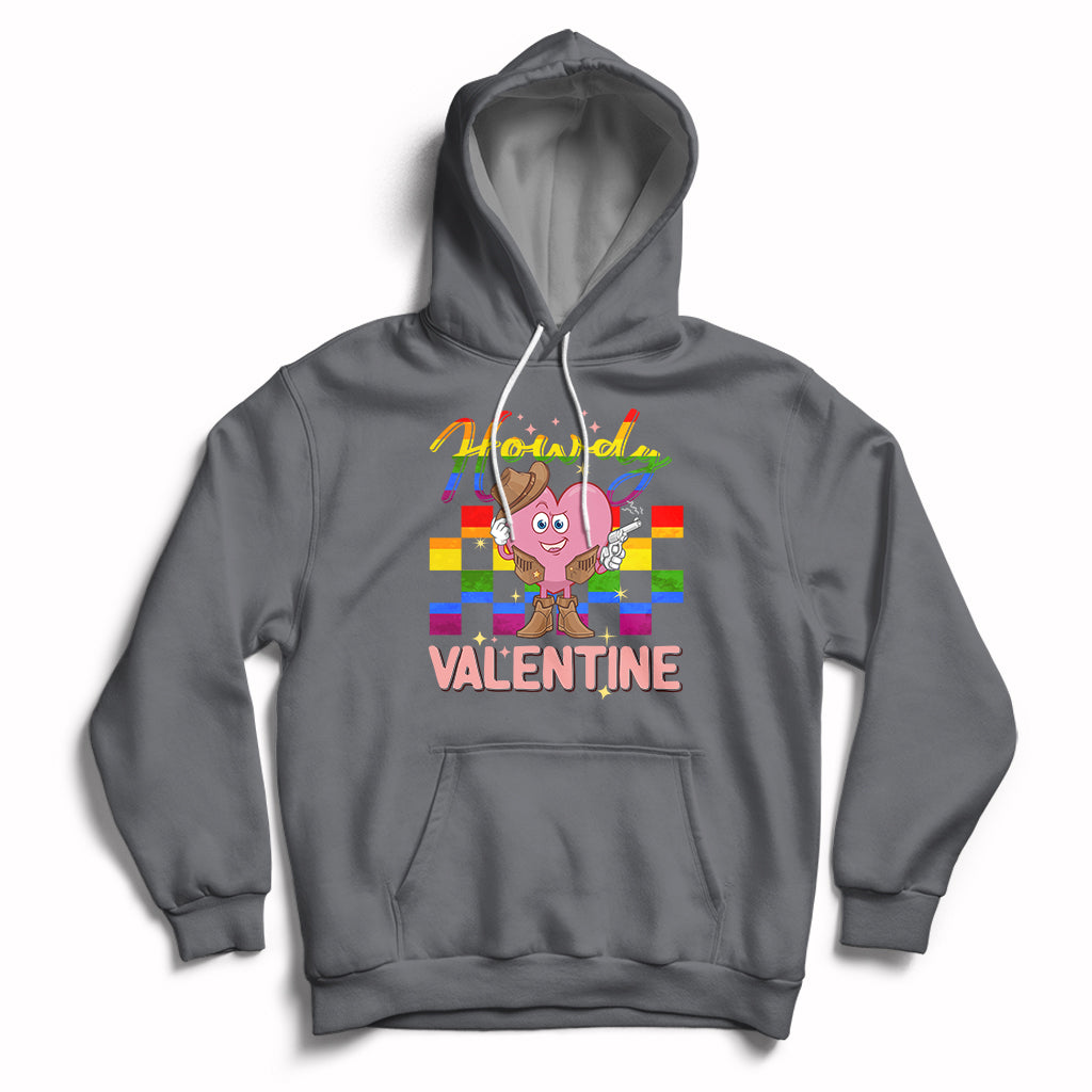 Charcoal hoodie with cowboy heart Valentine graphic and colorful Howdy text