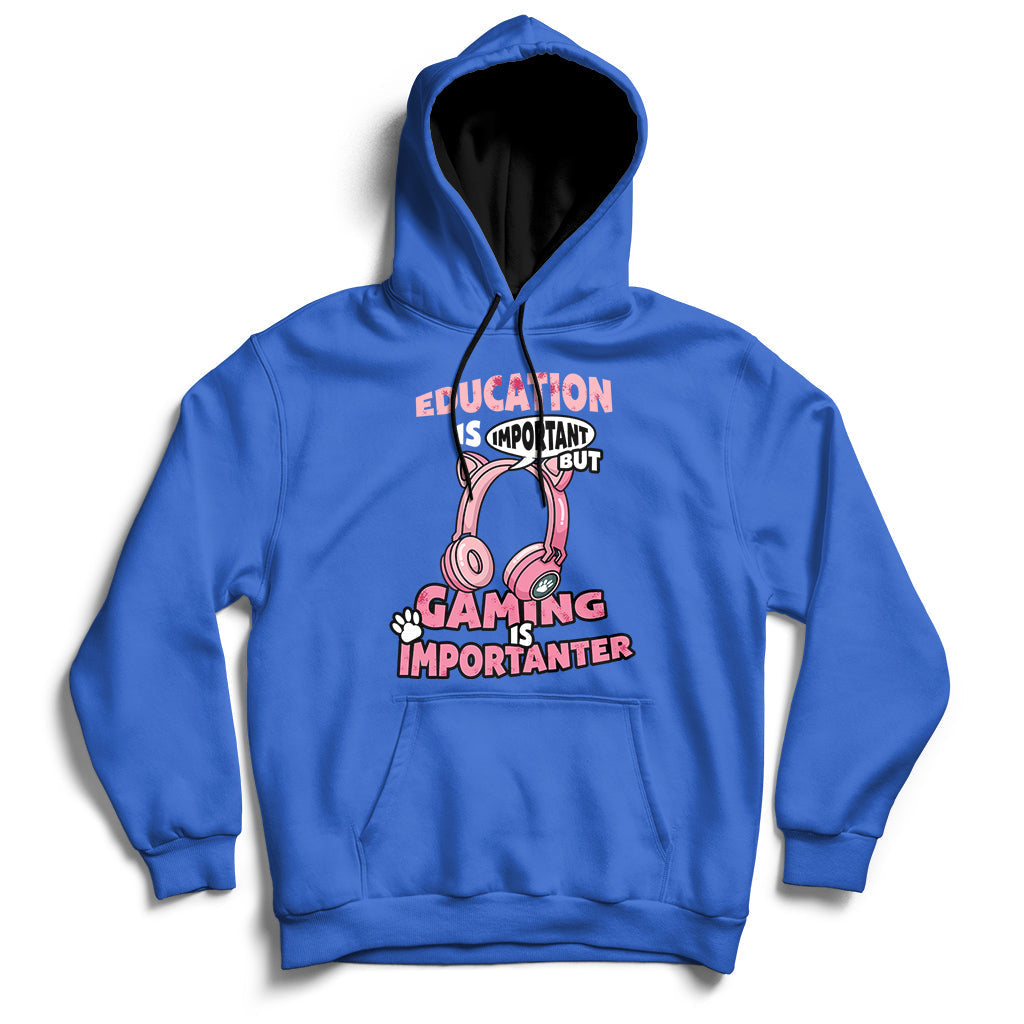 Blue gamer hoodie with front pouch pocket and colorful “Gaming Importanter” graphic