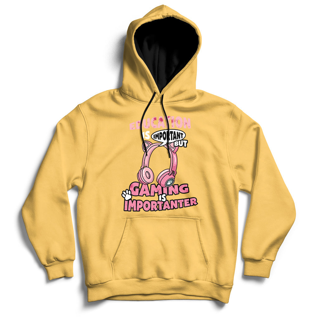 Yellow gamer hoodie with front pouch pocket and colorful gaming graphic on chest