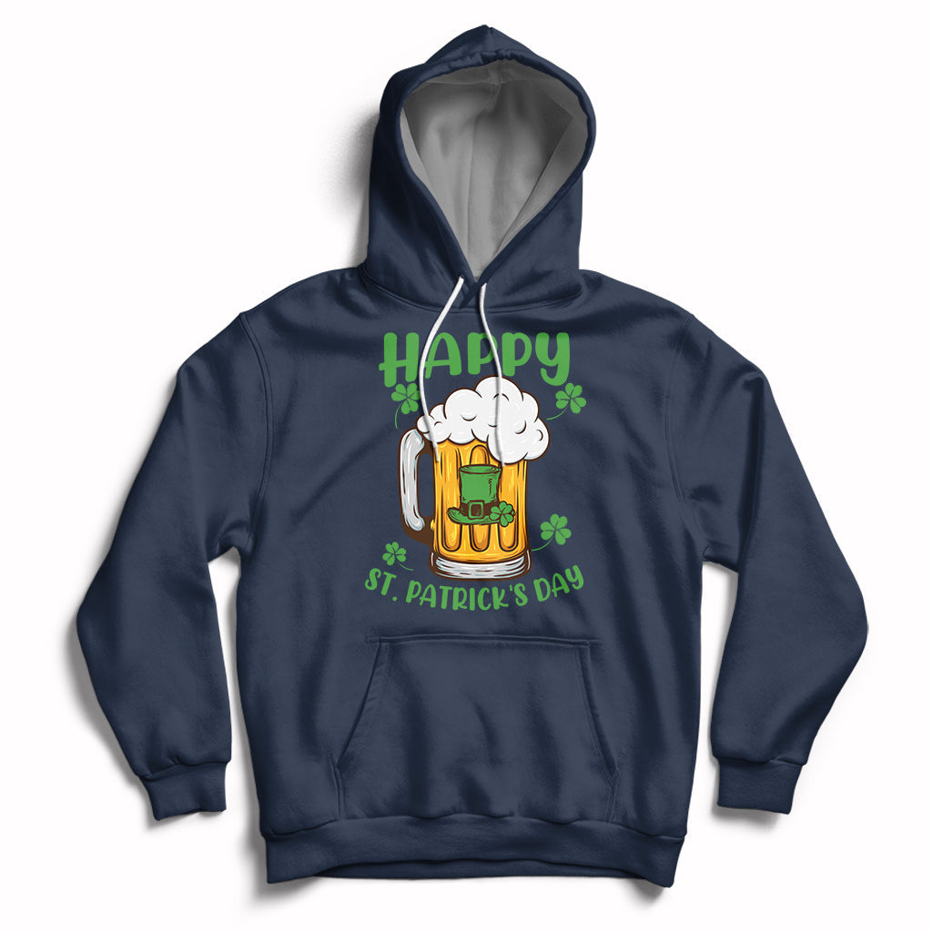 Navy St. Patrick's Day hoodie with beer mug and shamrock graphic, front pocket and hood