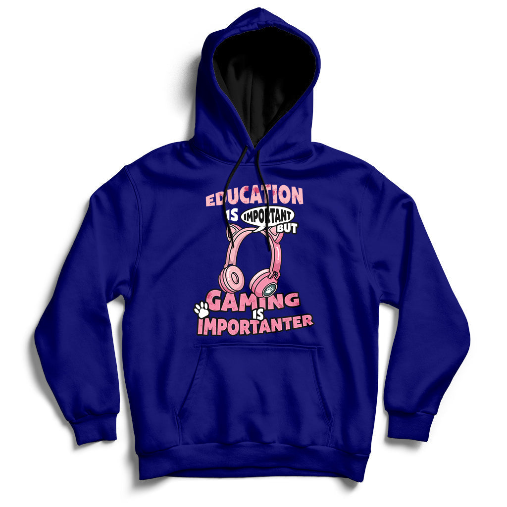 Royal blue gamer hoodie with front pouch pocket and colorful “Gaming Importanter” graphic