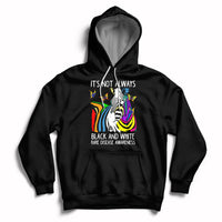 Kids black pullover hoodie with rainbow zebra graphic and text, rear view