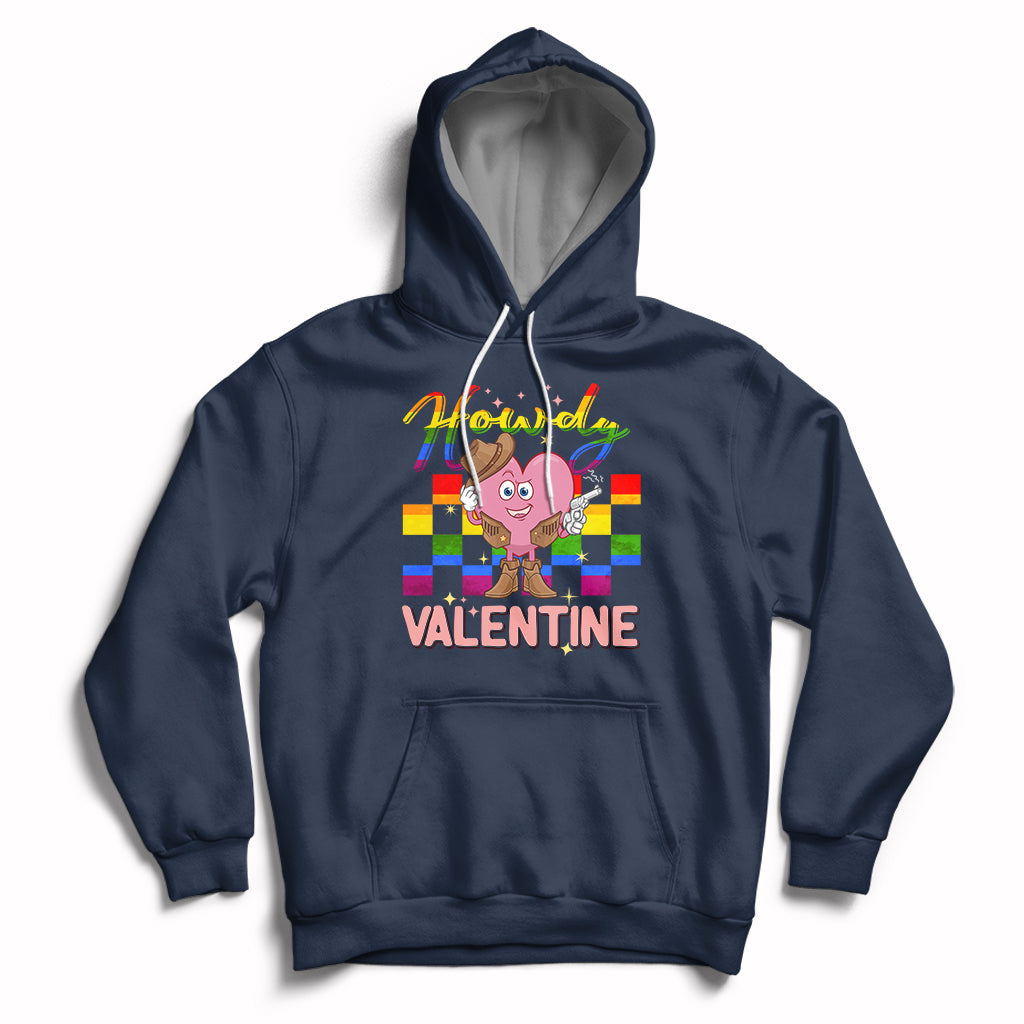 Navy hoodie with cowboy heart Valentine graphic and colorful Howdy text