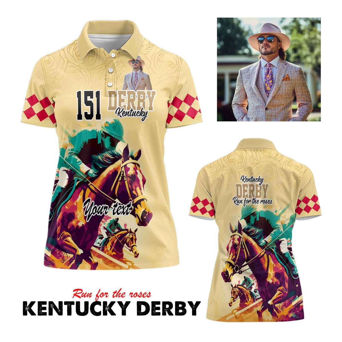 Custom Photo Kentucky Horse Racing Women Polo Shirt Derby Anniversary Art Gold Version